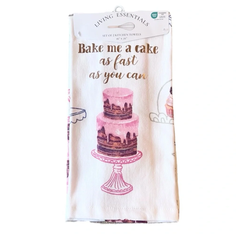 🎂 BAKE ME A CAKE AS FAST AS YOU CAN Pink Set of 2 Kitchen Towels NEW